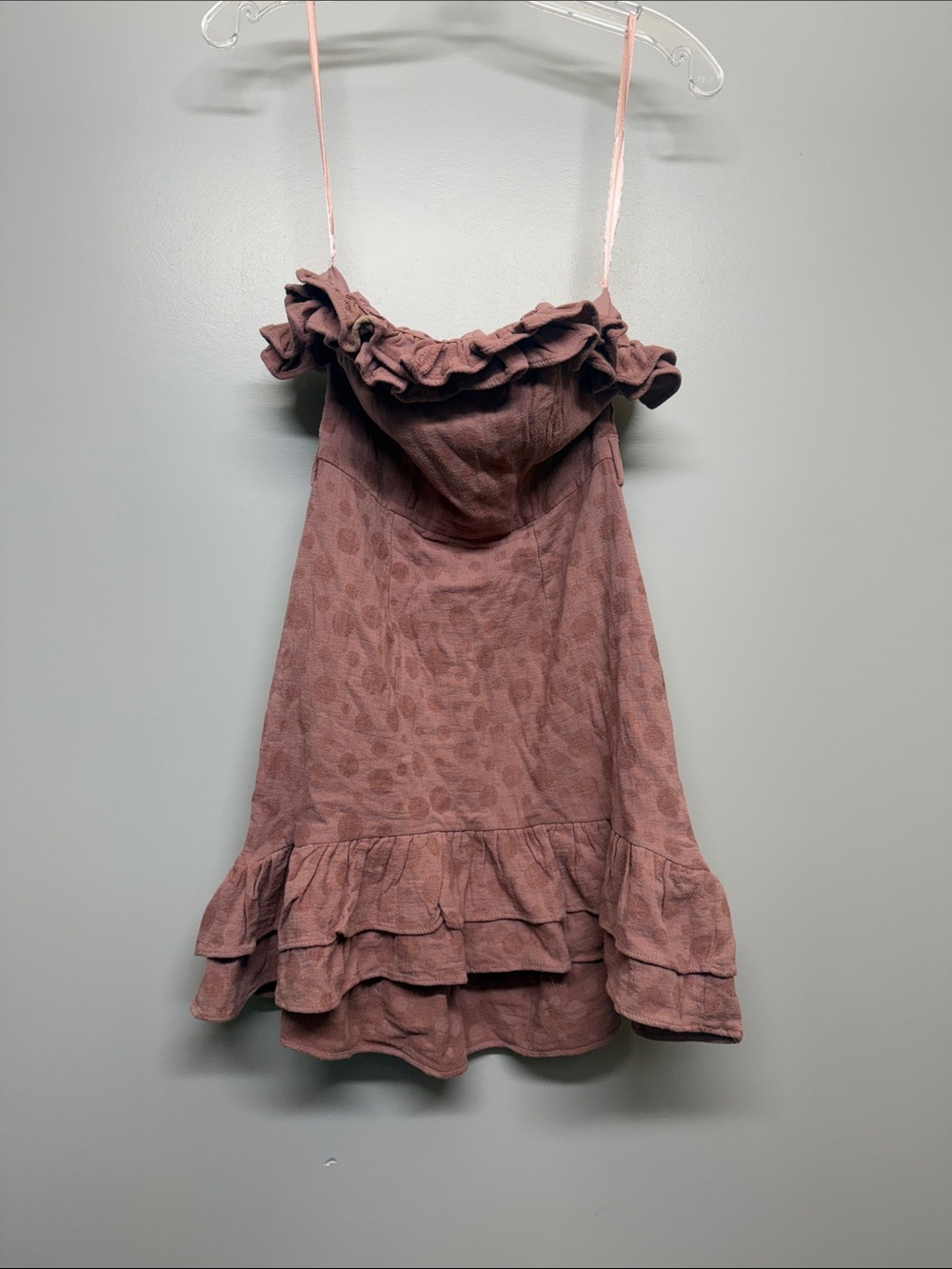 Saints + Secrets Pink Polka Dot Ruffle Strapless Off Shoulder Mini Dress
